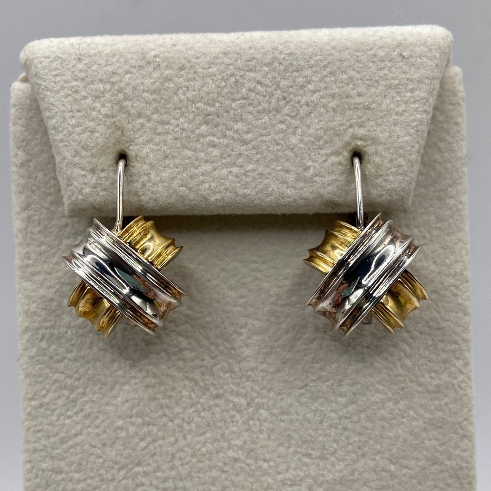 Sterling Silver 925 Two Tone X Design Lever Back Earrings Pierced